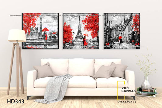 Bộ 3 Tranh Paris Dưới Ánh Đỏ Lãng Mạn - HD343
