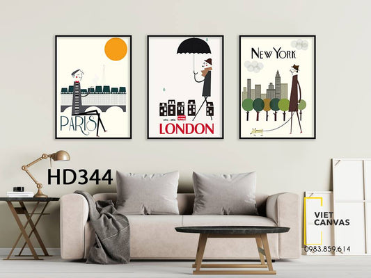 Bộ 3 Tranh Paris, London, New York - HD344