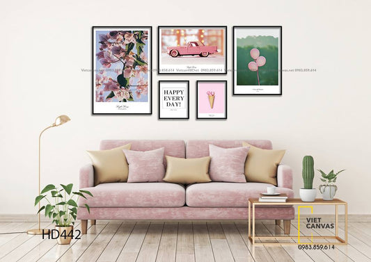 Bộ 5 Nhánh Hoa, Chiếc Xe, Bong Bóng Màu Hồng Và Quotes - HD442