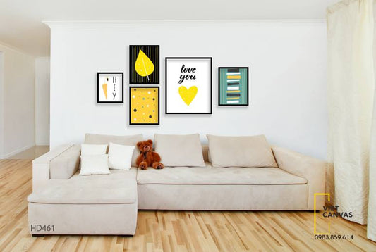 Bộ 5 Tranh Lá Cây, Trái Tim Màu Vàng Và Trừu Tượng - HD461