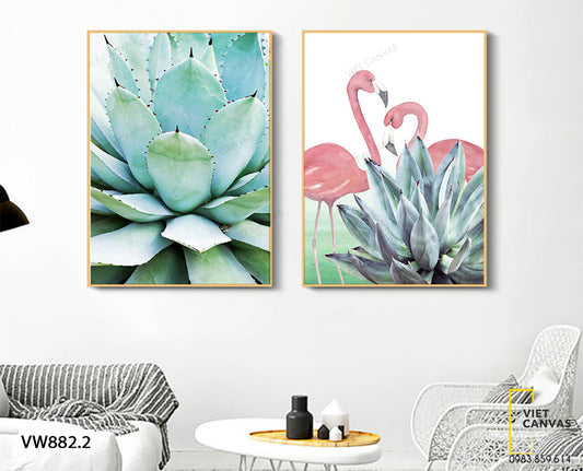 Bộ 3 Tranh Cây Sen Đá Và Chim Hồng Hạc - VW882.2