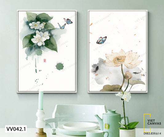 Bộ 2 Tranh Hoa Nở Và Đàn Bướm Bướm - VV042.1