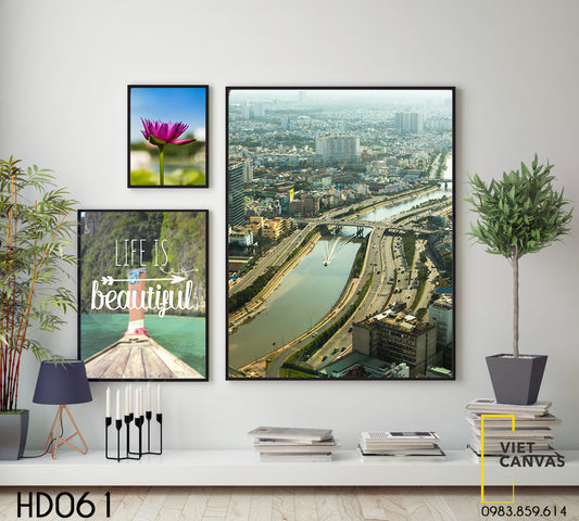 Bộ 3 Tranh Hoa Súng, Khung Cảnh Thành Phố Và Quotes Life Is Beautiful - HD061