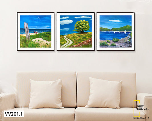 Bộ 3 Tranh Biển Và Đồi Cỏ - VV201.1
