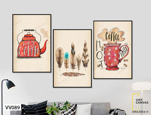 Bộ 3 Tranh Cà Phê Và Lông Vũ - VV089