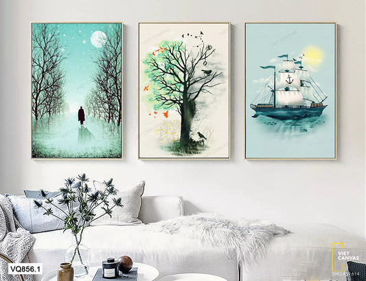 Bộ 3 Tranh Cây Và Thuyền Buồm - VQ856.1