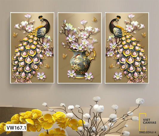 Bộ 3 Tranh Chim Công Và Lọ Hoa - VW167.1
