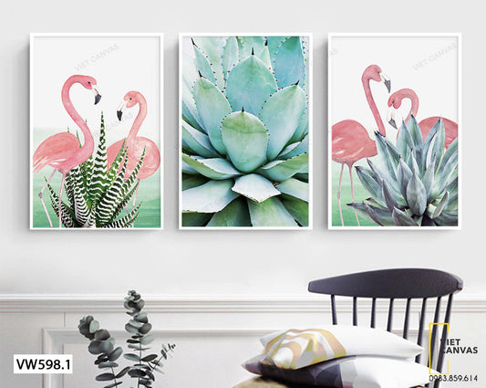 Bộ 3 Tranh Chim Hồng Hạc Và Sen Đá - VW882.1