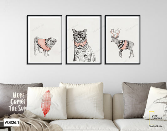Bộ 3 Tranh Mèo, Chó Và Hươu - VQ326.1