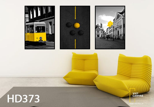 Bộ 3 Tranh Chiếc Xe Vàng Bên Khu Phố Hiện Đại - HD373