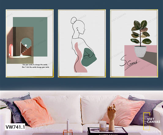 Bộ 3 Tranh Cô Gái Và Chậu Cây - VW741.1