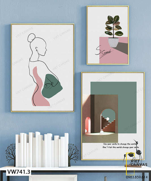Bộ 3 Tranh Cô Gái Và Chậu Cây Đơn Giản - VW741.3