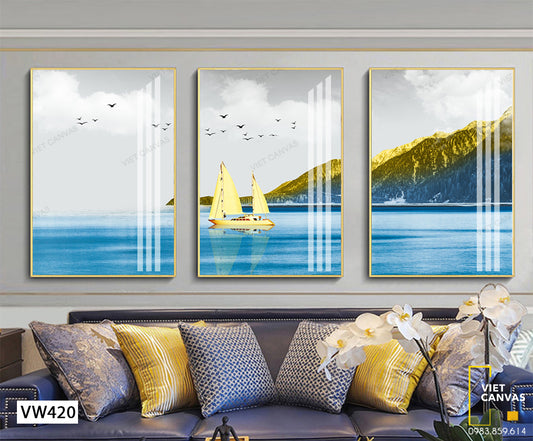 Bộ 3 Tranh Con Thuyền, Biển Và Núi - VW420