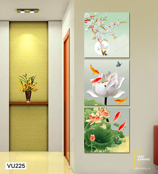Bộ 3 Tranh Đàn Cá Bên Cành Sen - VU225
