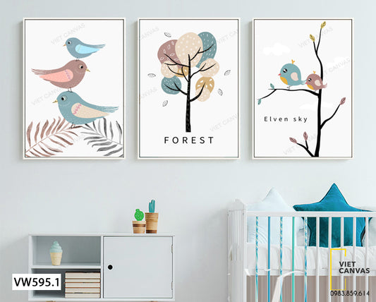 Bộ 3 Tranh Đàn Chim Đậu Trên Cành Cây - VW595.1