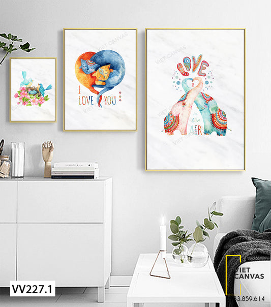 Bộ 3 Tranh Đôi Chim, Mèo Và Voi - VV227.1