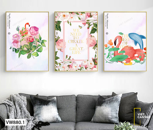 Bộ 3 Tranh Hoa, Cá Voi Và Hồng Hạc - VW880.1