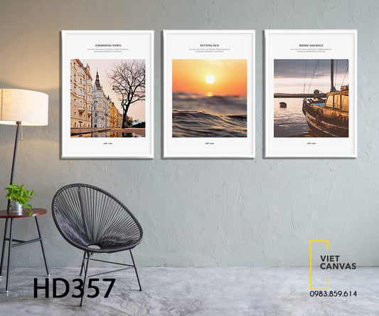 Bộ 3 Tranh Hoàng Hôn Trên Biển Và Khu Phố - HD357