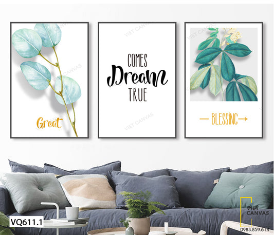 Bộ 3 Tranh Lá Cây Và Quotes - VQ611.1