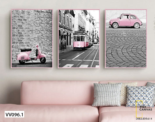 Bộ 3 Tranh Những Chiếc Xe Màu Hồng Ngọt Ngào - VV096.1