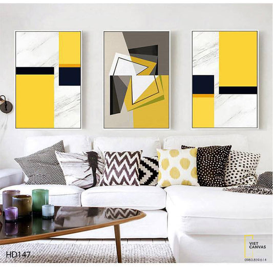 Bộ 3 Tranh Trừu Tượng Vàng Trắng Xám - HD147