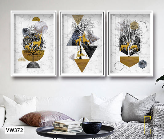 Bộ 3 Tranh Nai Vàng Và Cây - VW372