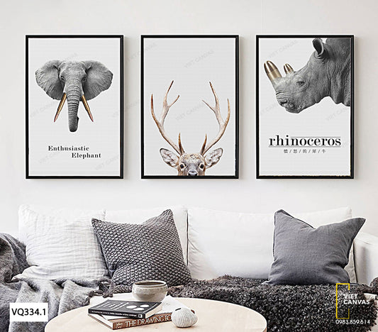 Bộ 3 Tranh Voi, Hươu Và Tê Giác - VQ334.1