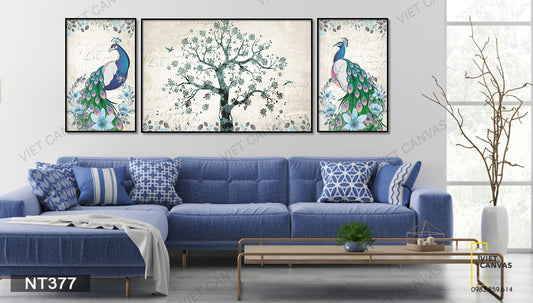 Bộ 3 Tranh Đôi Chim Công Và Cây Hoa - NT377