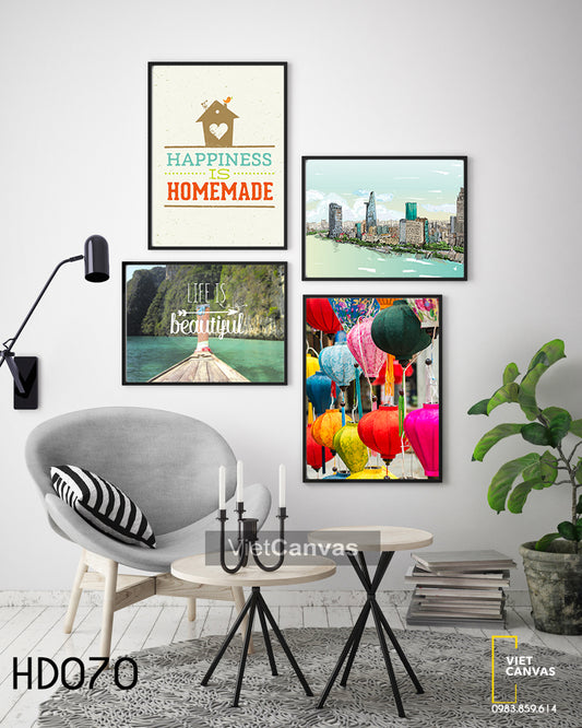 Bộ 4 Tranh Biển, Đèn Lồng, Thành Phố Và Quotes - HD070