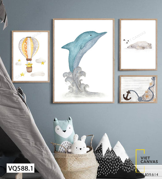 Bộ 4 Tranh Cá Heo, Chú Gấu, Khinh Khí Cầu Và Chiếc Neo - VQ588.1