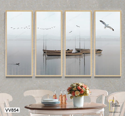Bộ 4 Tranh Con Thuyền Và Đàn Chim Biển - VV854