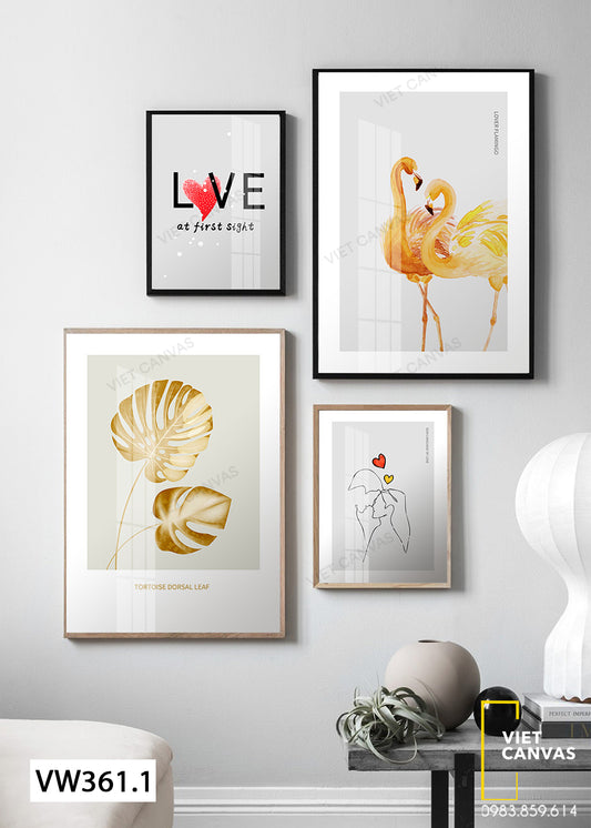 Bộ 4 Tranh Hạc, Lá Cây Và Quotes - VW361.1