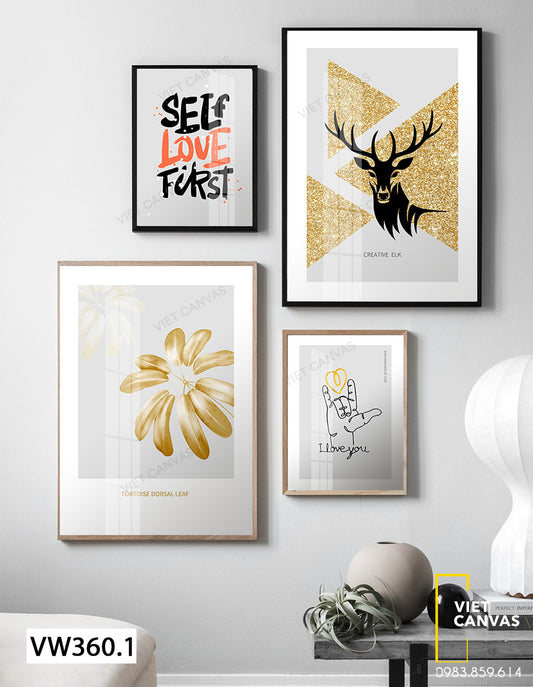Bộ 4 Tranh Hươu, Hoa, Bàn Tay Và Chữ - VW360.1
