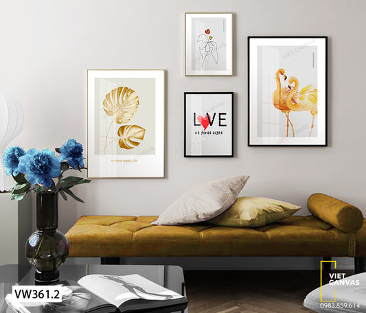 Bộ 4 Tranh Lá, Hạc Và Chữ - VW361.2