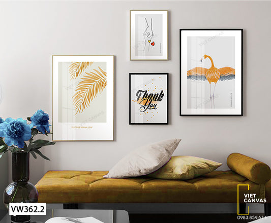 Bộ 4 Tranh Lá, Nắm Tay, Hạc Và Chữ - VW362.2