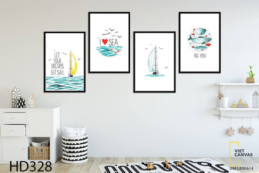 Bộ 4 Tranh Thuyền Và Cá Trên Biển - HD328