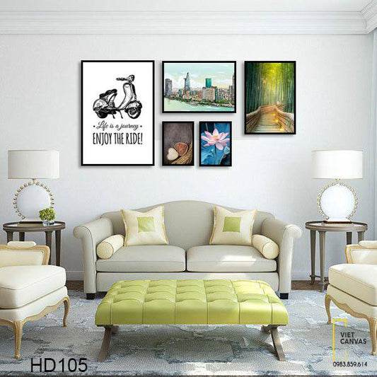 Bộ 5 Tranh Thành Phố, Khu Rừng, Hoa Súng Và Quotes - HD105