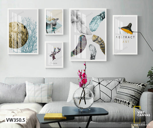 Bộ 5 Tranh Cây Khô, Quotes, Lông Vũ Và Hươu Nai Độc Đáo - VW350.5