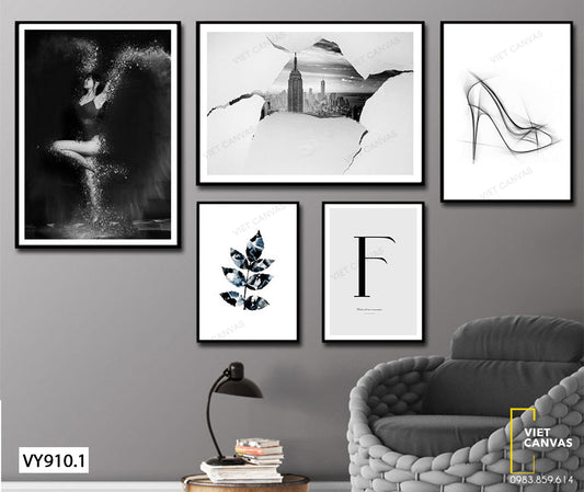 Bộ 5 Tranh Cô Gái, Lá Cây, Chữ F, Tòa Nhà Và Giày Cao Gót - VY910.1