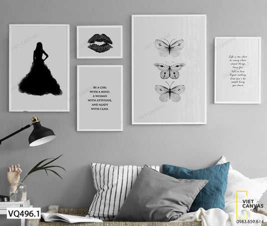 Bộ 5 Tranh Cô Gái, Bướm Và Quotes - VQ496.1