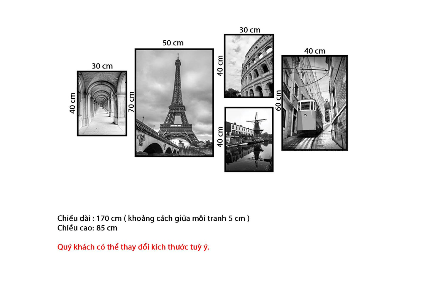 Bộ 5 Tranh Hành Lang, Tháp Eiffel Và Khu Phố Cổ Điển - HD222