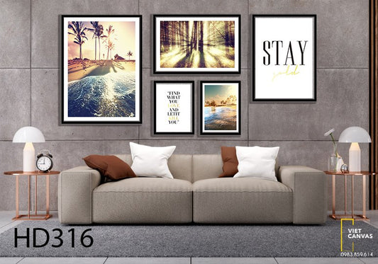 Bộ 5 Tranh Hoàng Hôn Biển, Rừng Cây Và Quotes - HD316