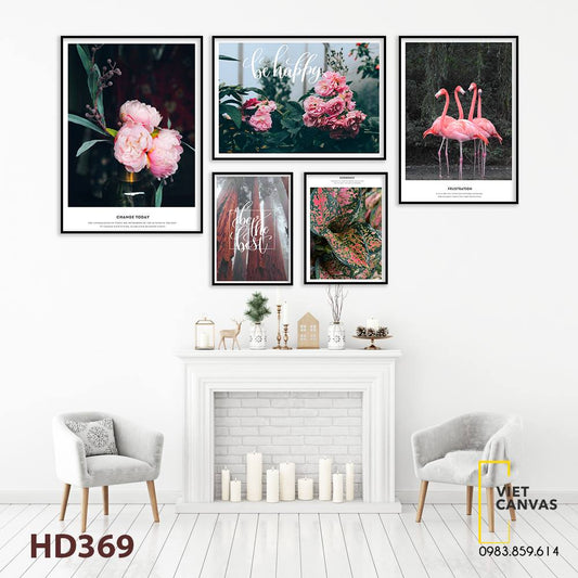 Bộ 5 Tranh Hồng Hạc Và Mẫu Đơn - HD369