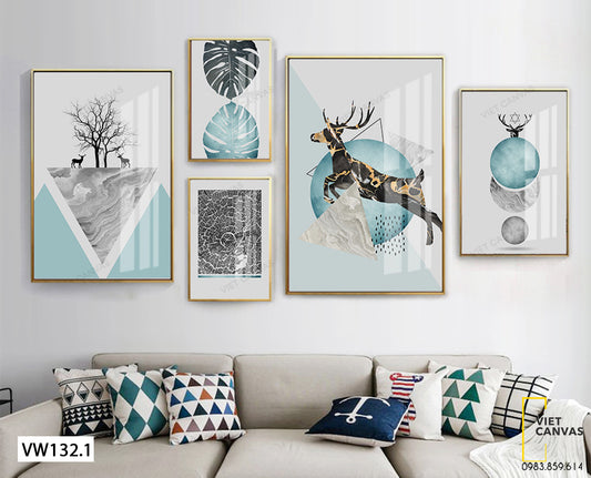 Bộ 5 Tranh Hươu Và Những Chiếc Lá Nghệ Thuật - VW132.1