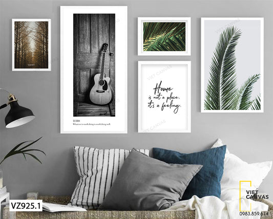 Bộ 5 Tranh Khu Rừng, Chiếc Đàn, Lá Xanh Và Quotes - VZ925.1