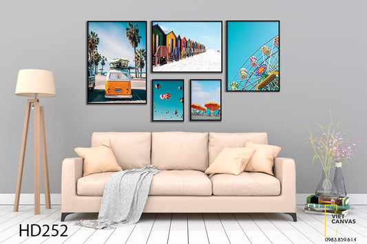 Bộ 5 Tranh Chiếc Xe, Khinh Khí Cầu, Vòng Quay Và Khu Phố Sắc Màu - HD252