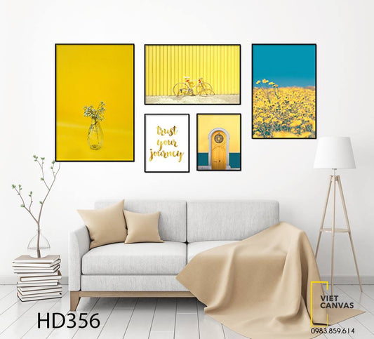 Bộ 5 Tranh Lọ Cây, Chiếc Xe Đạp, Vườn Hoa Và Quotes - HD356