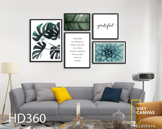 Bộ 5 Tranh Sen Đá, Lá Cây Và Quotes - HD360