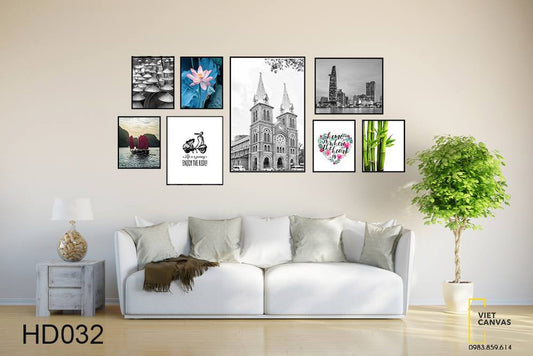 Bộ 8 Tranh Nón Lá, Hoa Súng, Chiếc Thuyền, Quotes, Nhánh Tre Và Khung Cảnh Sài Gòn - HD032