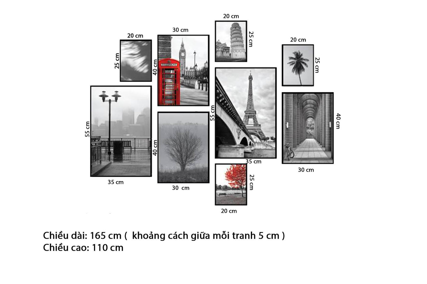 Bộ 9 Tranh Tháp Eiffel, Tháp Big Ben, Tháp Nghiêng, Khu Phố Và Tranh Cây - HD159